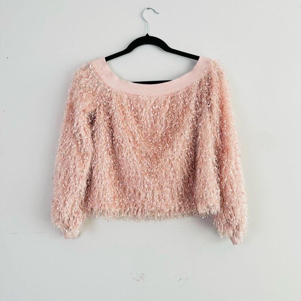 Touch Me Pink Cropped Boat Neck Long Sleeve Eyelash Knit Sweater Medium